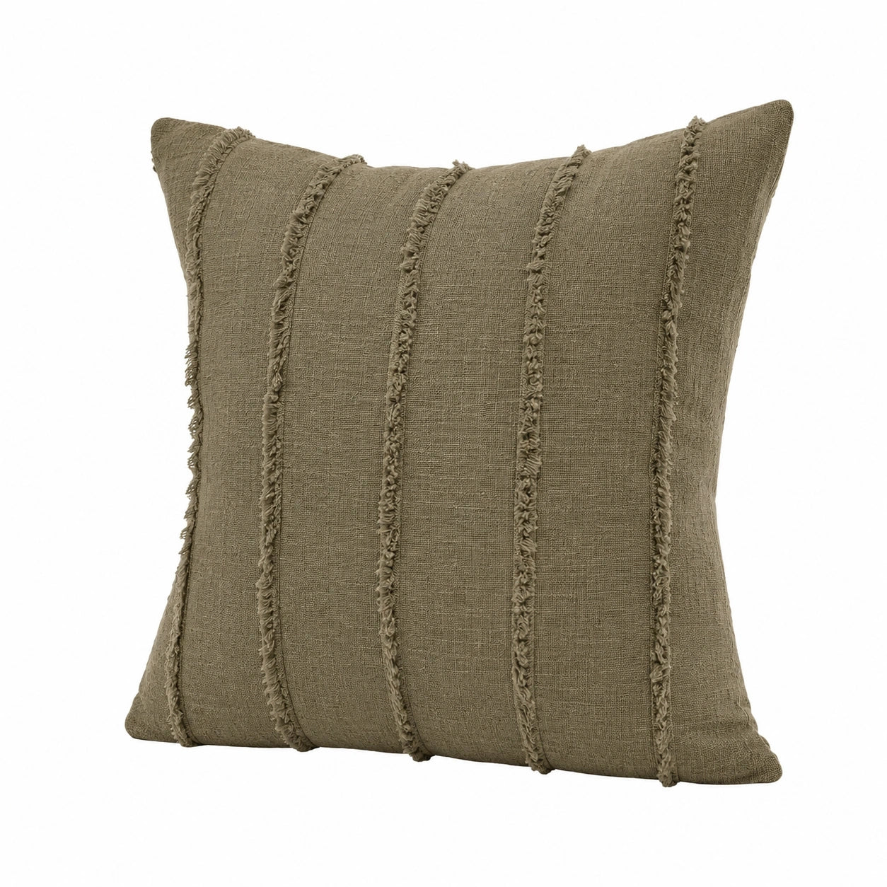 Coussin décoratif 45 x 45 cm en tissu tissé vert kaki à franges style bohème