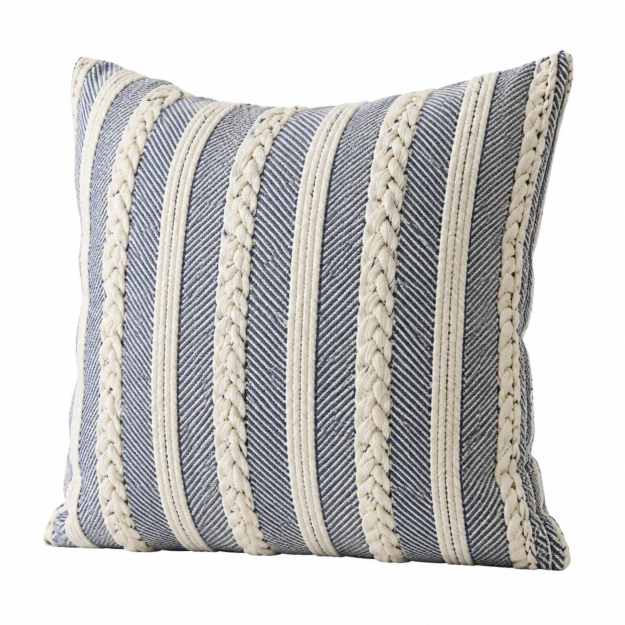Coussin décoratif 45 x 45 cm en tissu bleu écru à rayures tressées