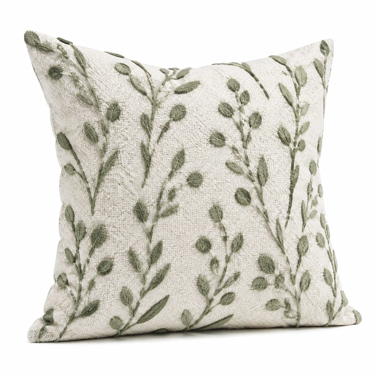 Coussin décoratif 45 x 45 cm tissu texturé écru vert motif végétal pour canapé style naturel