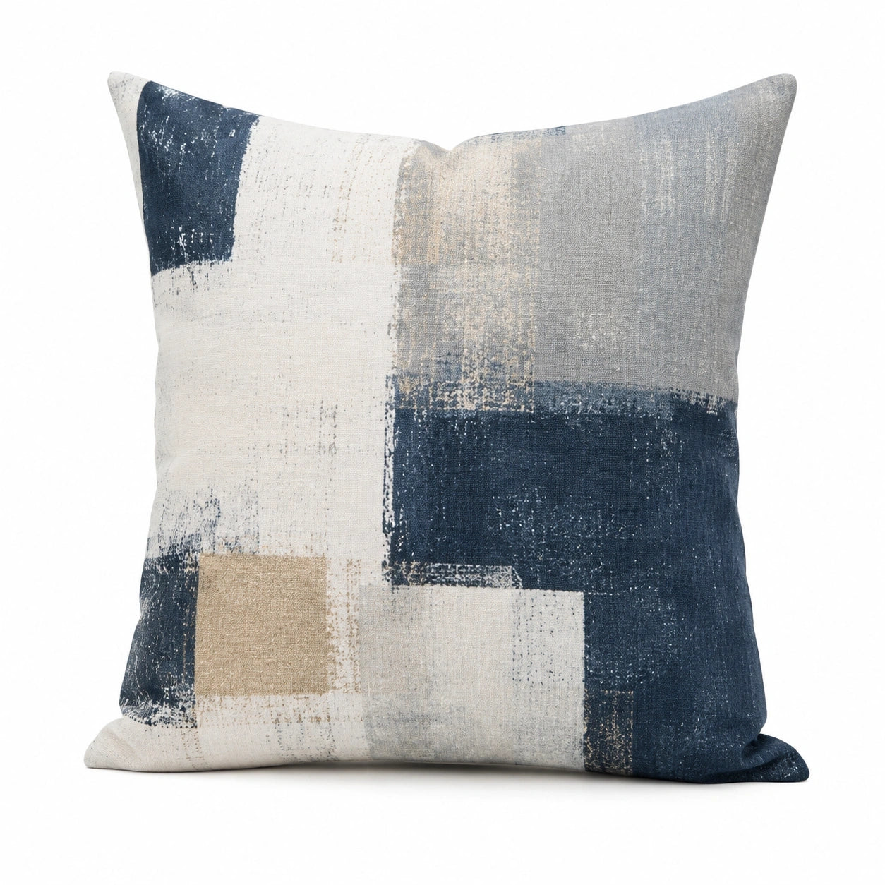 Coussin décoratif carré 45 x 45 cm en tissu bleu marine gris et beige à motif géométrique