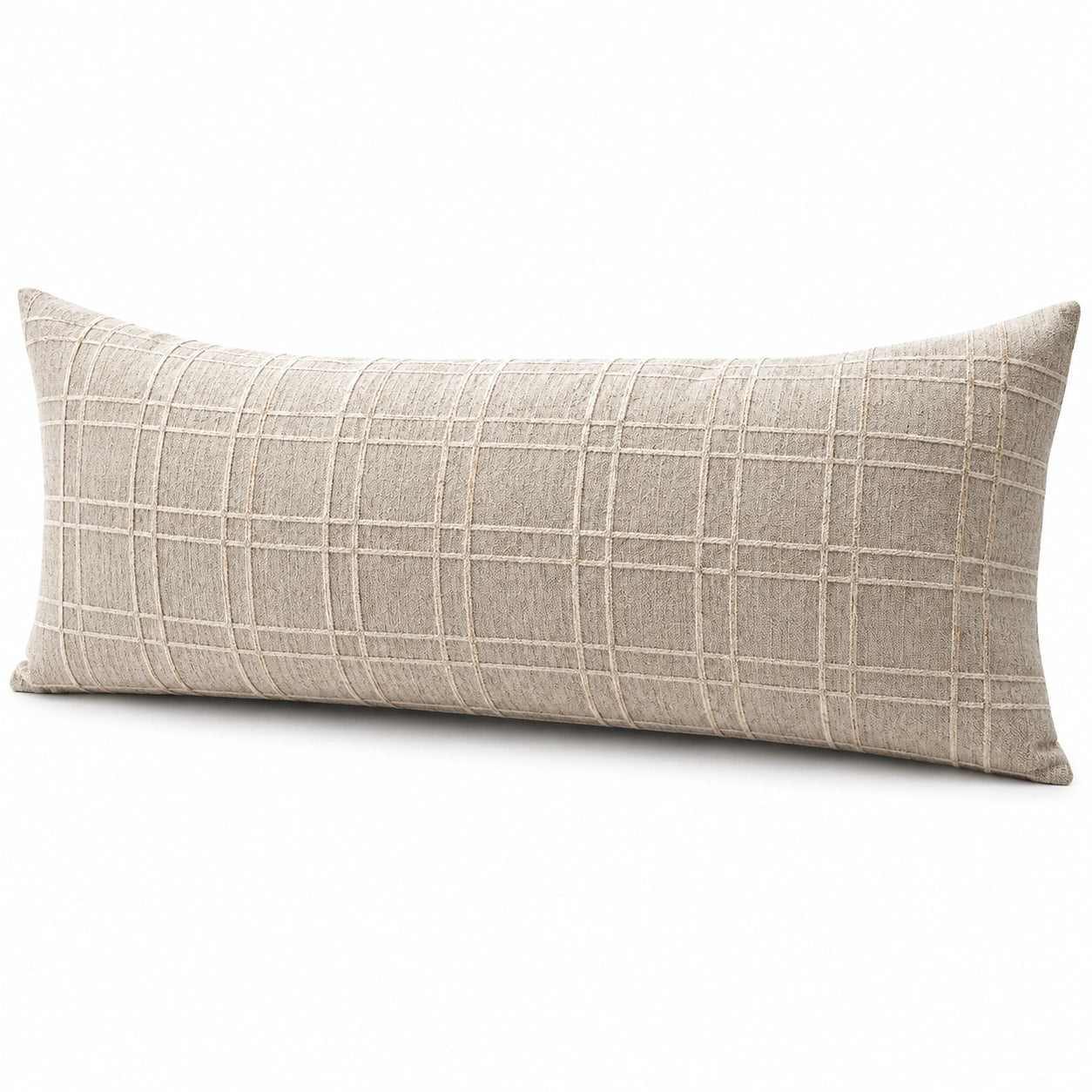 Coussin rectangulaire 60 x 30 cm tissu beige à motif quadrillé décoratif