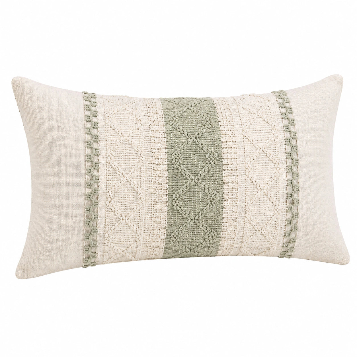 Coussin décoratif 50 x 30 cm en tissu écru et vert sauge à motifs tissés - rectangulaire