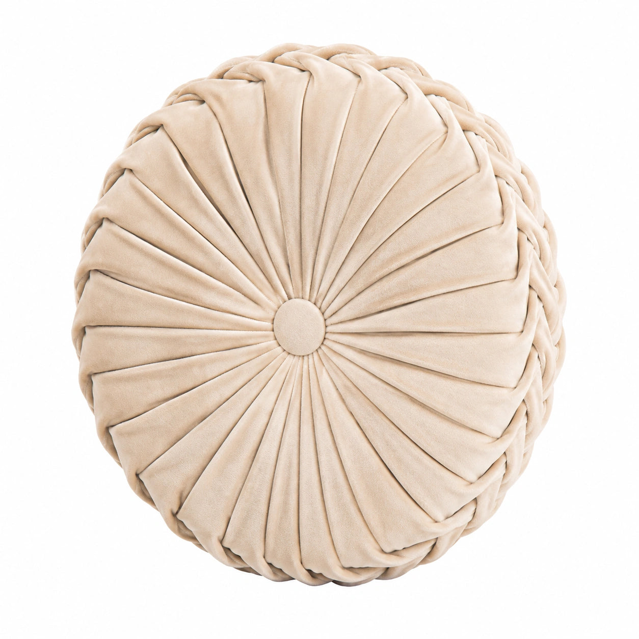 Coussin décoratif rond 40 cm en velours beige pour canapé style plissé