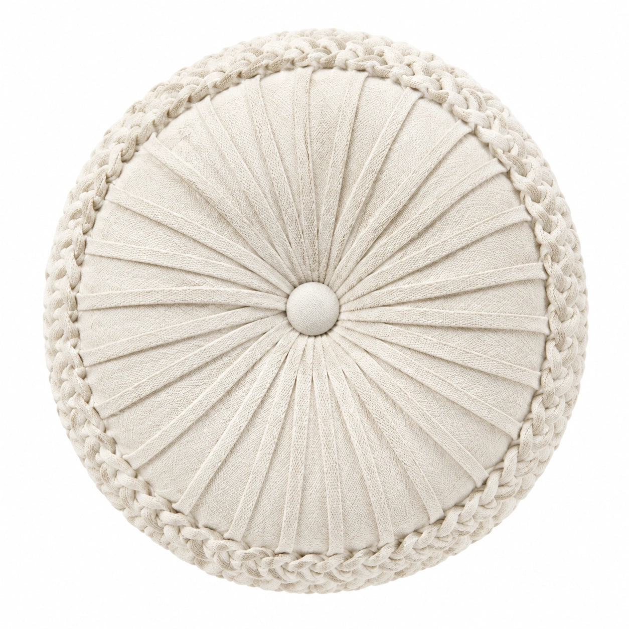 Coussin rond 45 cm en tissu écru décoratif tressé