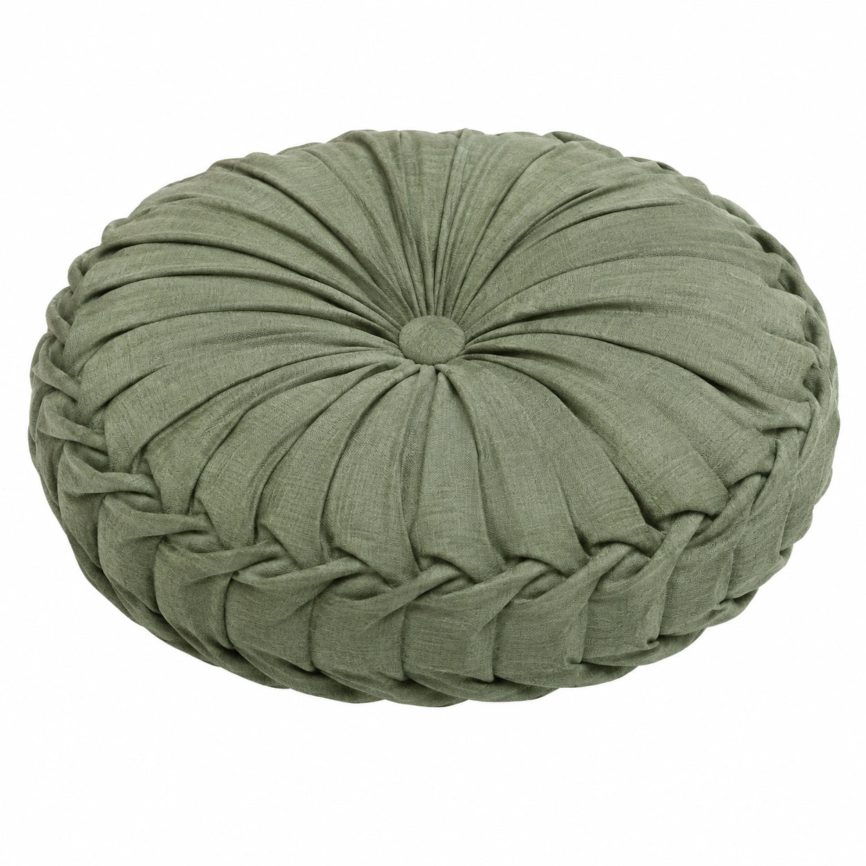 Coussin rond 40 cm en tissu vert sauge à plis décoratifs