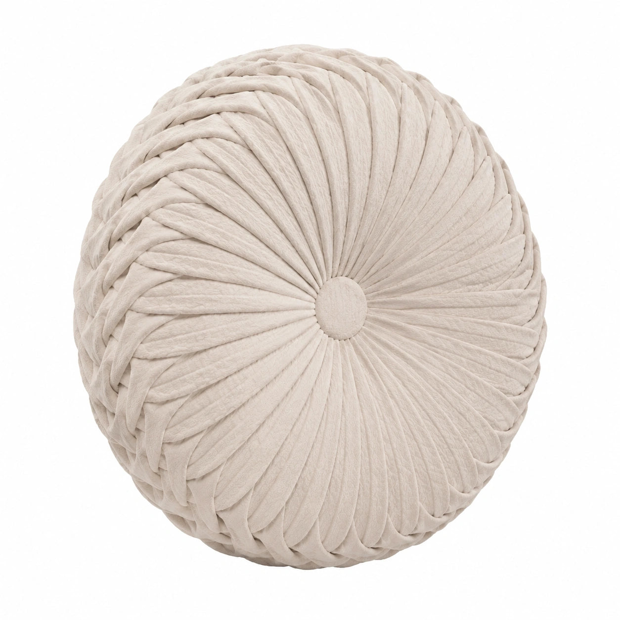 Coussin décoratif rond 40 cm en tissu effet velours beige plissé pour canapé