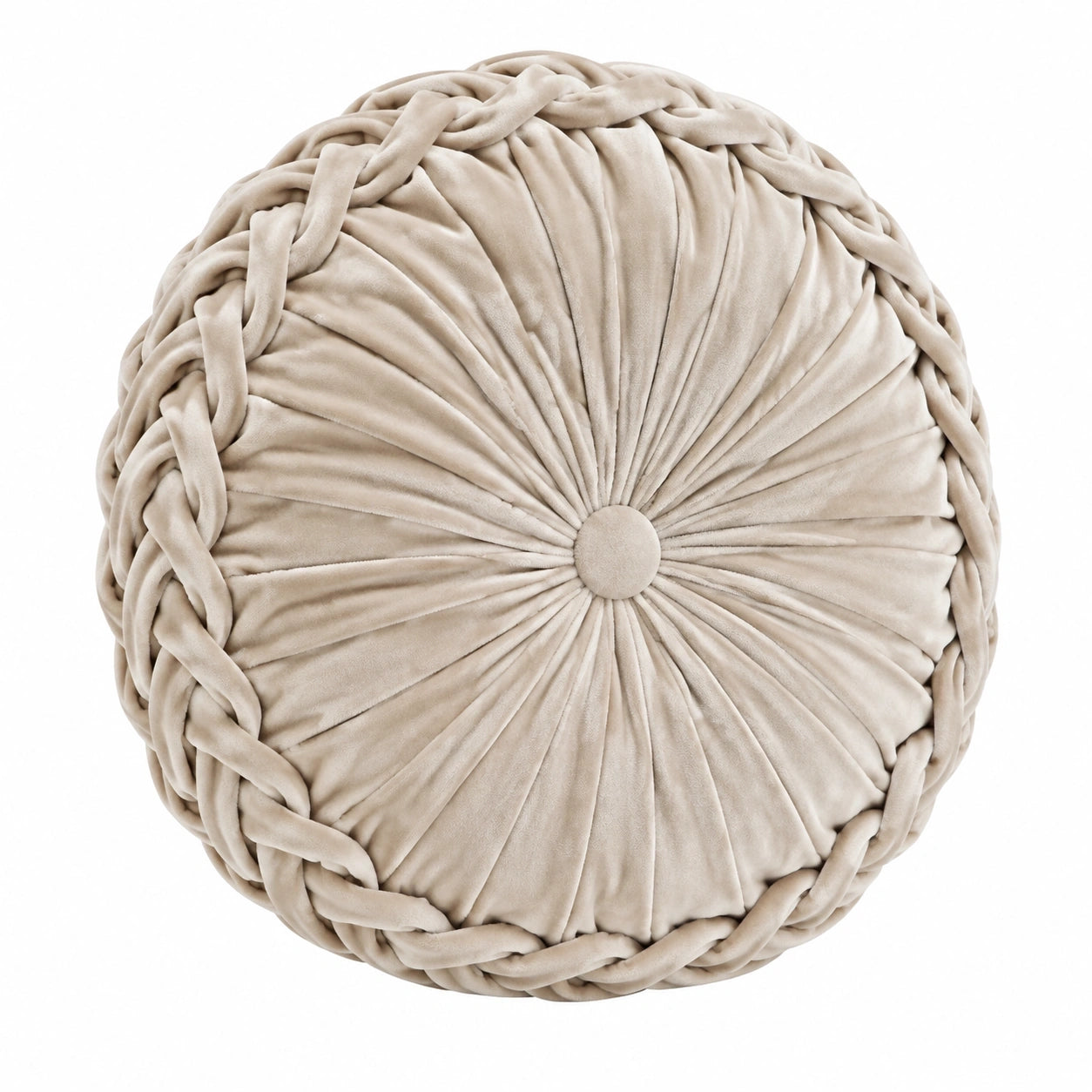 Coussin rond 45 cm en tissu effet velours beige avec bord tressé décoratif
