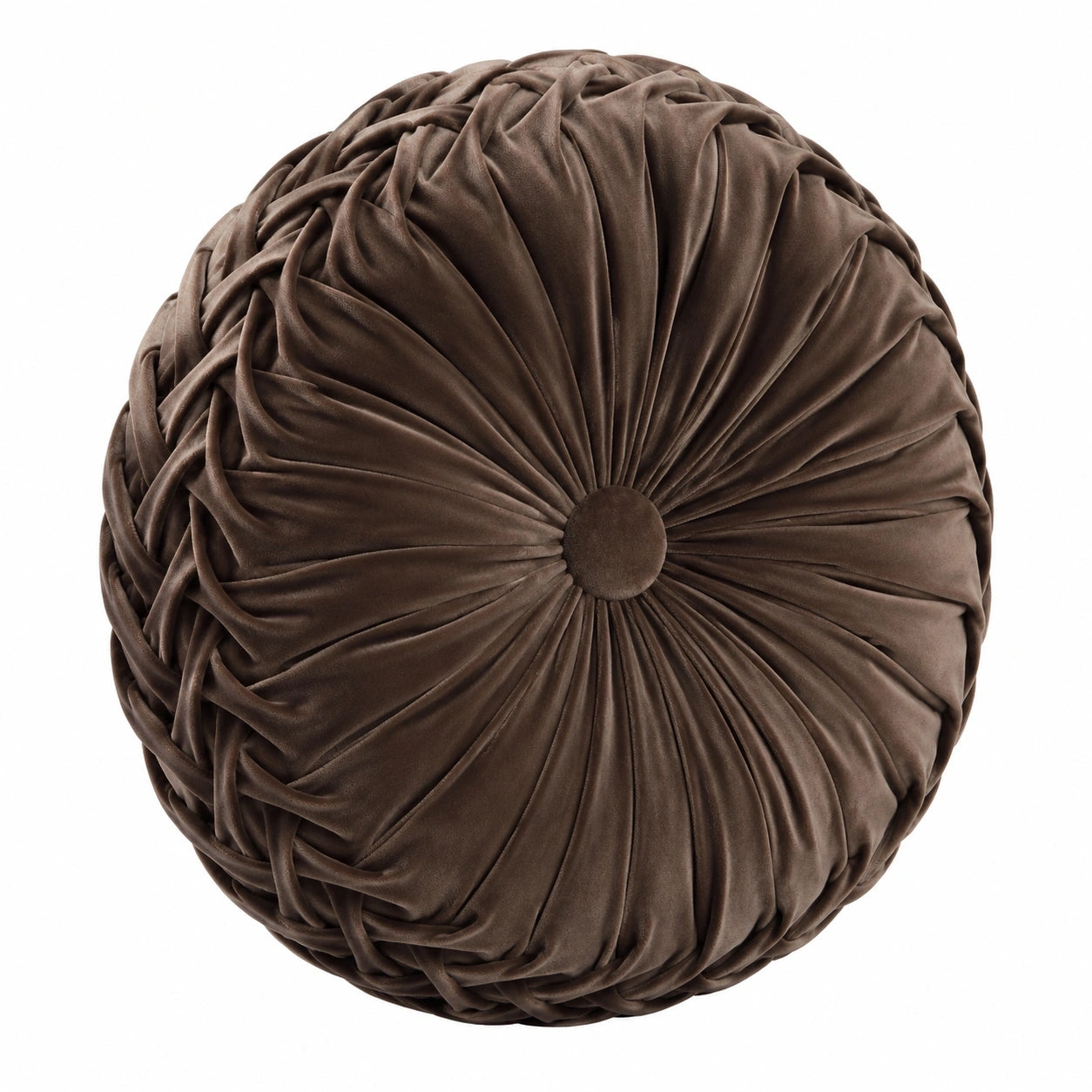 Coussin rond 40 cm en velours marron plissé décoratif